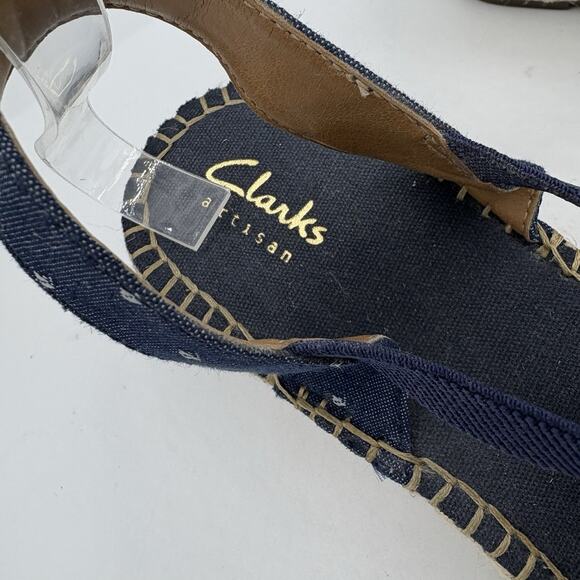 Clarks Artisan Shoes Womens 9 Petrina Kaelie Blue Canvas Sandals Espadrille Wedg - Picture 2 of 9